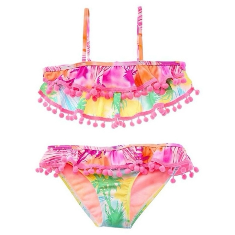 Beach Lingo Bikini 3T Neon Pink Tropical Pom Pom Ruffle Two Piece Swimsuit